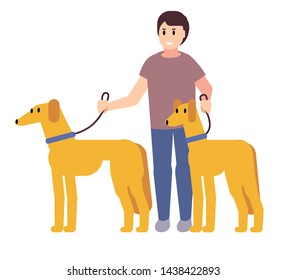 Man smiling holding leashes of two pedigree dogs. Dog breeder with dogs isolated on white background. Outdoor leisure with pets. Best friend of man concept. Flat cartoon vector illustration