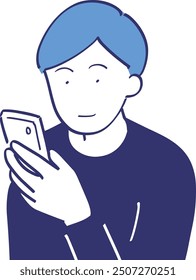 A man smiling and looking at his smartphone