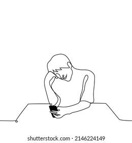 man smiling looking into the phone - one line drawing vector. concept of man is texting with his lover, man is watching cute and touching positive videos