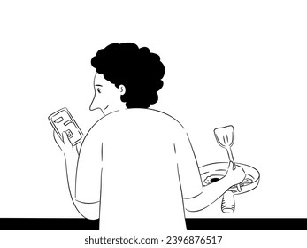 A man smiling and looking at mobile phone while cooking in kitchen, cartoon black line drawing.