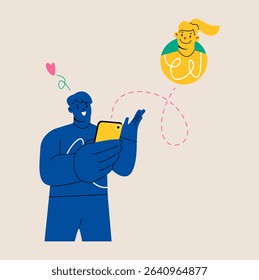 Man smiling looking at phone and texting with girlfriend. Colorful vector illustration 

