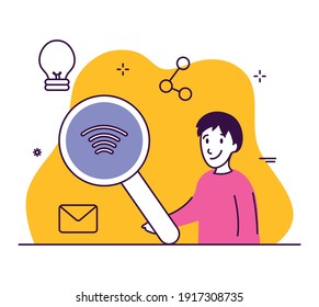 man smiling with magnifying glass and internet symbols around over white background, colorful design, vector illustration