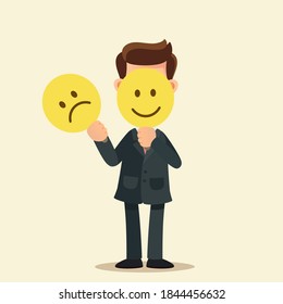 A man with a smiling mask on his face. Good mood. The man choose an emotion on his face. Hypocrisy and imitation. Vector illustration, flat design, cartoon style, isolated.