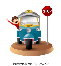 A man smiling on a tuk tuk, Thai traditional Tuk Tuk in Bangkok of Thailand, vector  illustration and design. 