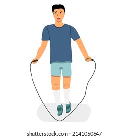 man smiling playing jump rope flat vector illustration. sport and healthy lifestyle. Fitness workout