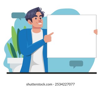 man smiling and pointing at blank board with happy expression, copy space, vector illustration.