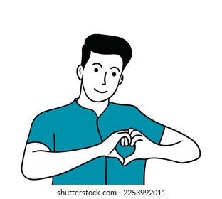 Man smiling and showing a heart shape with hands