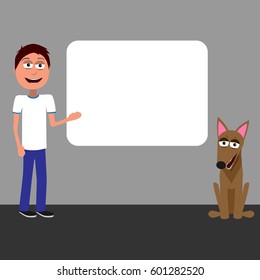 man smiling and showing on white bord on grey wall with dog sitting and smiling vector 
