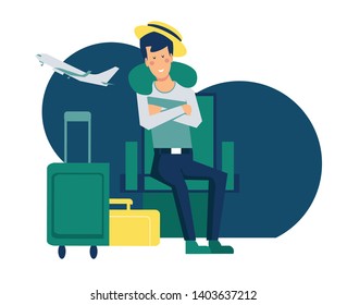 Man smiling sleeping on seat in airport. Happy tourist napping waiting in departure lounge at night. Night flight banner illustration. Departure delayed. Relax in airport. Flat cartoon vector