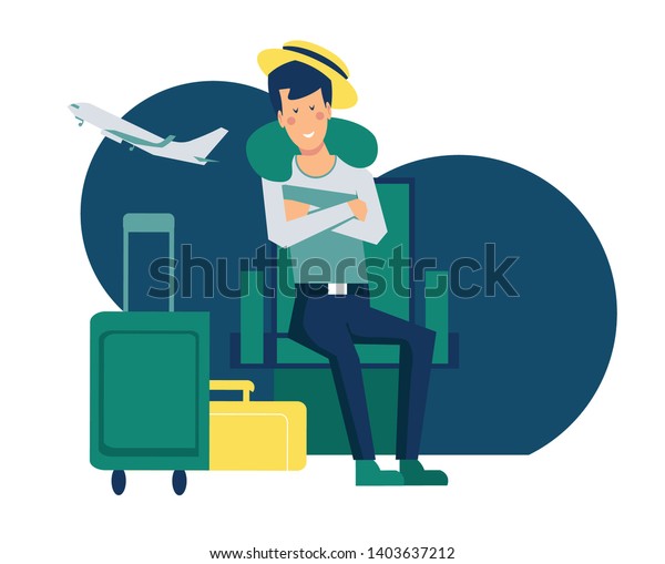 空港の座席で寝ている男性 夜 出発ラウンジで待つ旅行者の幸せな昼寝 夜のフライトバナーのイラスト 出発が遅れた 空港でリラックスして 平らなカートーンのベクター画像 のベクター画像素材 ロイヤリティフリー