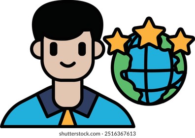 A man is smiling and standing in front of a globe with three stars. Concept of achievement and success, as the man is surrounded by symbols of excellence and recognition