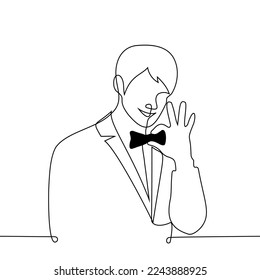 man smiling straightening his bow tie - one line drawing vector. concept happy man in tuxedo