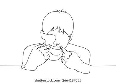 homem sorrindo esticando os cantos de sua boca, retrato - uma linha arte vetor. conceito sorriso falso, hipocrisia, fingindo ser alegre e positivo