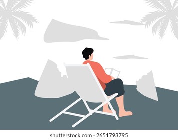 A man, smiling under the sun, lounges on golden sands, relishing the ocean's melody. Waves kiss the shore as he basks in summer's warmth, serene amidst seagull cries and a gentle breeze.
