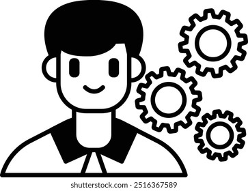 A man is smiling and wearing a tie. He is surrounded by three gears