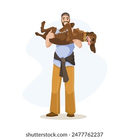 Man smiling while holding a happy dog in his arms, on a light background. Concept of friendship and happiness. Vector illustration