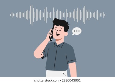 Man smiling while talking on a smartphone with a digital sound wave graphic and a speech bubble shown against a dark grey background.