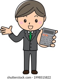 A man in a smiling young suit with a calculator