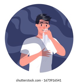 Man with smoke allergy. Runny nose and watery eyes. Allergic reaction to cigarette smoke. Isolated vector illustration in cartoon style