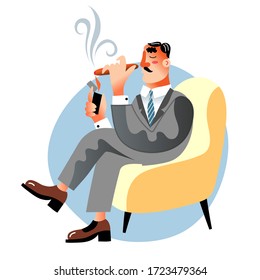 Man smoker. Gentleman in suit smokes cigar, relax sits at armchair. Tobacco addiction, bad habit, social problem, unhealthy lifestyle, toxic, harmful of health concept. Vector character illustration