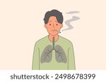 Man smoker with lung cancer suffers from nicotine addiction, stands with cigarette in mouth. Problem smoking destroyed health of smoker, unable to give up cigarettes and lead healthy lifestyle.