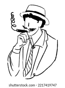 The man smokes a cigar. Male style. Simple line drawing vector illustration.