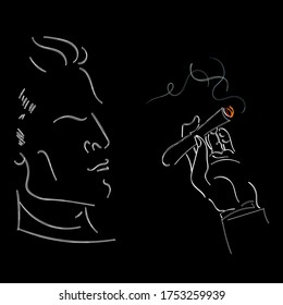 a man smokes a cigar. vector illustration of linart. brutal male profile.outline black and white drawing. rich successful businessman. 