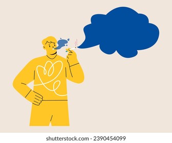 El hombre fuma un cigarrillo. Concepto de adicción y estilo de vida dañino. Ilustración vectorial colorida

