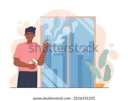 Man smokes concept. Young guy with cigarettes stands in apartment or room. Bad habits and dependence on tobacco. Poster or banner for website. Unhealthy lifestyle. Cartoon flat vector illustration