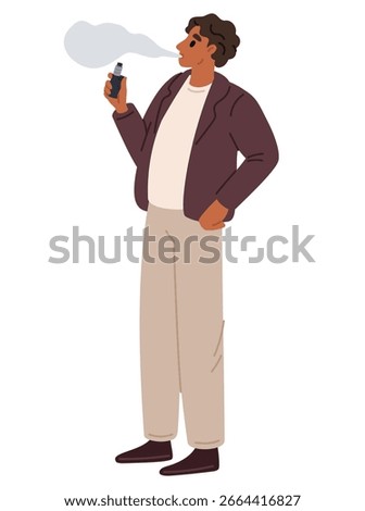 Man smokes electronic cigarette. Guy takes puff and lets vapor out of mouth. Nicotine addiction. Person inhaling fume. Unhealthy lifestyle. Smoker with e-cig vaporizer. Tobacco vaping. Vector concept
