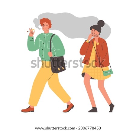 Man smokes on the street causing irritation and harming others. Impact of passive smoking and tobacco addiction, flat vector illustration isolated on white background.