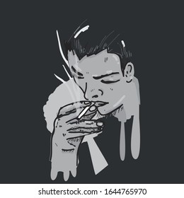Man smoking in black drawing - smoking cigarette