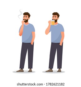 man are smoking cigarette and drink beer. healthy concept, vector llustration cartoon character