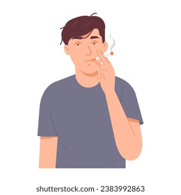 A man is smoking a cigarette in his hand. Humans addicted to tobacco are at risk of cancer. Dangerous to children and other people. vector illustration 