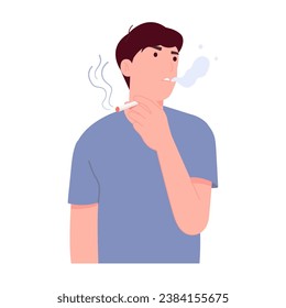 A man is smoking a cigarette in his hand. Humans addicted to tobacco are at risk of cancer. Dangerous to children and other people. vector illustration 