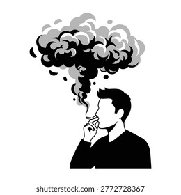 Man Smoking Cigarette With Large Smoke Cloud Concept Black Vector Illustration