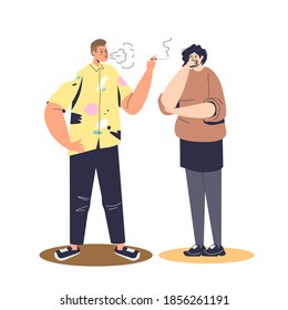 Man smoking cigarette near coughing and covering face woman. Passive smoker concept. Cartoon female character suffering from cigarette smoke. Flat vector illustration