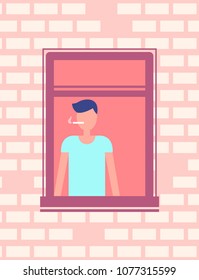 Man smoking cigarette near open window, brick wall frontage design. Male cartoon character cigar standing near windowsill, neighbour vector character