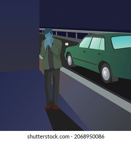 Man smoking a cigarette next to a green car parked near the beach late at night