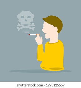 Man smoking cigarette with 
skull smoke on gray background flat vector.