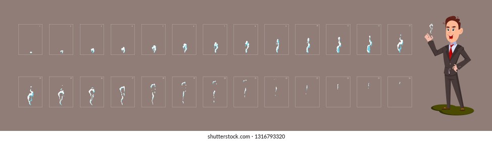 Man smoking cigarette with smoke sprite sheet. Smoke animation effect sheet. Sprite sheet for games, cartoon or animation.