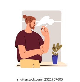 Hombre fumando cigarrillo, parado al lado de la ventana en casa. Fumador disfrutando del tabaco en el interior. Un tipo adicto a la nicotina con mal hábito. Ilustración vectorial plana aislada en fondo blanco