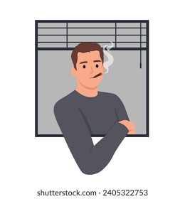 Man smoking cigarette, standing by window sill at home. Smoker enjoying tobacco indoors. Nicotine addicted guy with unhealthy bad habit. Flat vector illustration isolated on white background
