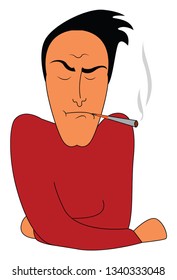 A man is smoking cigarette with a tensed expression on his face vector color drawing or illustration 