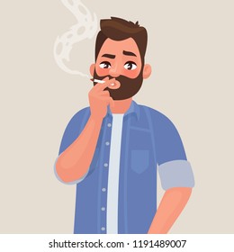 Man is smoking a cigarette. Tobacco dependence. The concept of an unhealthy lifestyle. Vector illustration in cartoon style