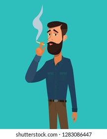 Man is smoking a cigarette. Tobacco dependence. The concept of an unhealthy lifestyle. Vector illustration in cartoon style