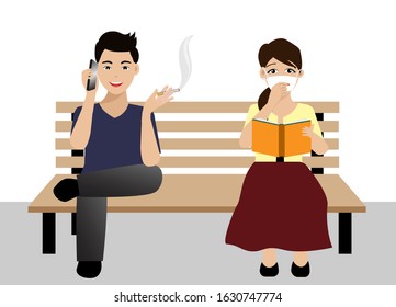 Man smoking cigarette while talking on phone ,annoying woman who wearing face mask and reading book on same park bench. Isolated on white background. Vector Illustration. Idea for disgusting bad habit