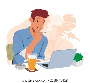 Hombre fumando cigarrillos mientras trabaja en una laptop. Carácter masculino inhalando agudamente humo sentado en el escritorio con Pc y cerveza Mug con expresión de contenido en la cara. Ilustración de vectores de personas de caricatura