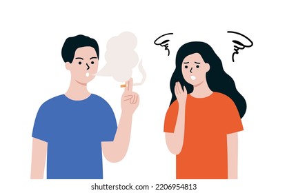 Man smoking cigarette. Woman walking near breathing in tobacco smoke coughing. Passive smoking, healthcare, air pollution, problem, lifestyle concept. Flat people character design vector illustration.