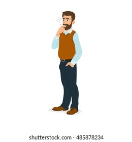 Man Smoking A Cigarette. Young Man Smokes. Vector Illustration.